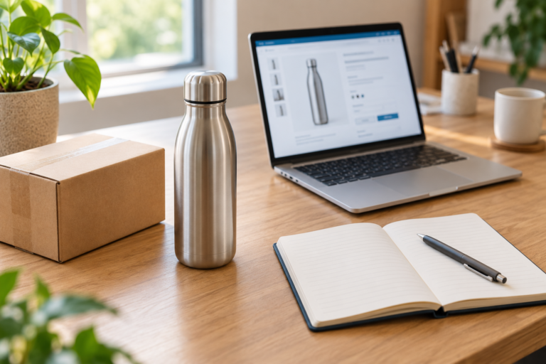 Laptop displaying a product listing beside a steel water bottle, shipping box, and notebook on a seller’s desk.